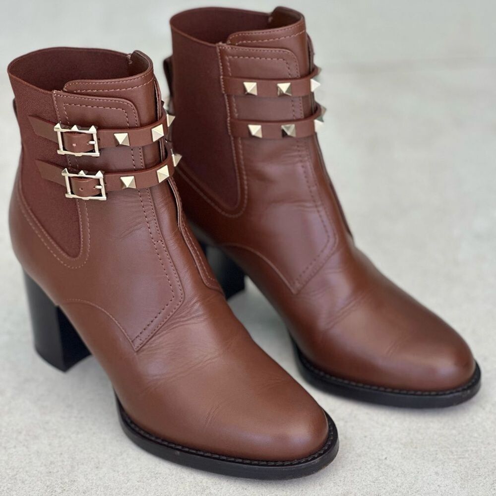 Valentino Rockstud Calfskin Buckle-Strap Ankle Boots Block Heel Brown Size 37US7
